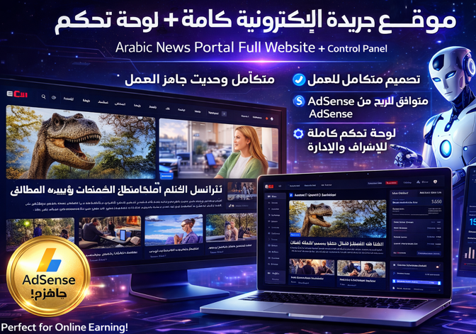 جريدة إلكترونية احترافية كاملة + لوحة تحكم + AI + AdSense